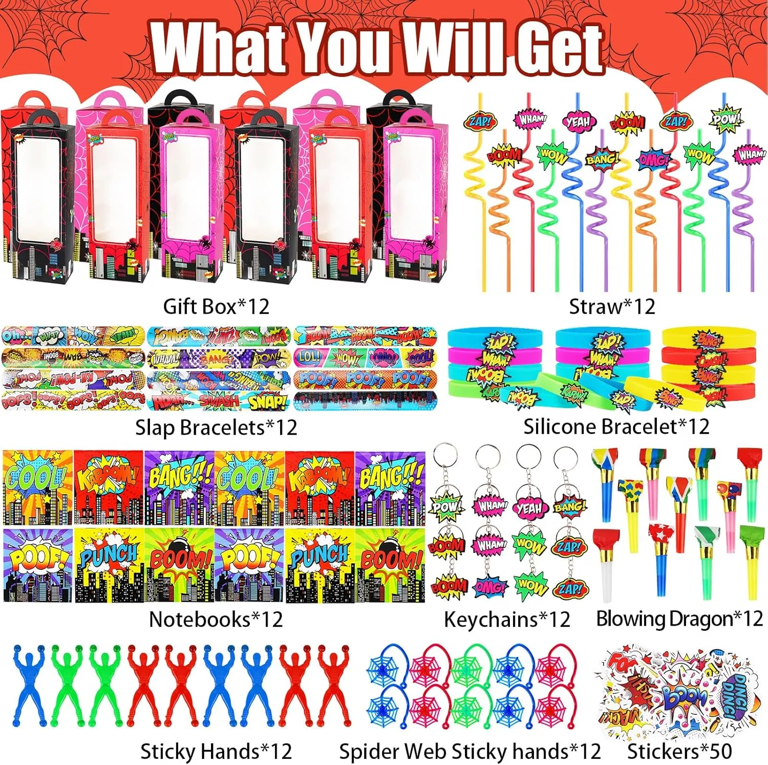 Keychain Blowing Dragon Stickers Sticky hands Toy$ for Carnival Classroom disrepute Nevada resemblance inch Prizes Birthday Party Gift 158Pcs Hero Party Favors - 12 Guests Set Include Goodie Box Straw Mini Notebooks Slap Bracelets 