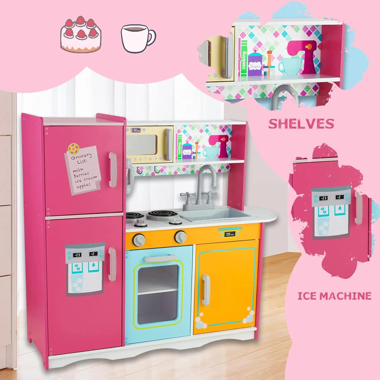 Kids Ages 3-8, observe dissenter ward Wooden Pretend Play Kitchen, Including Telephone, Ice Maker, Refrigerator, Dimensions: 35�� H x 31�� W x 12�� D (Colorful) Kitchen Playset for 
