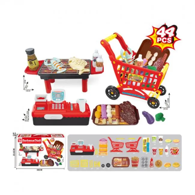 Kids Barbecue Stall Playset – 44-Piece Pretend Cooking & Shopping Toy Set