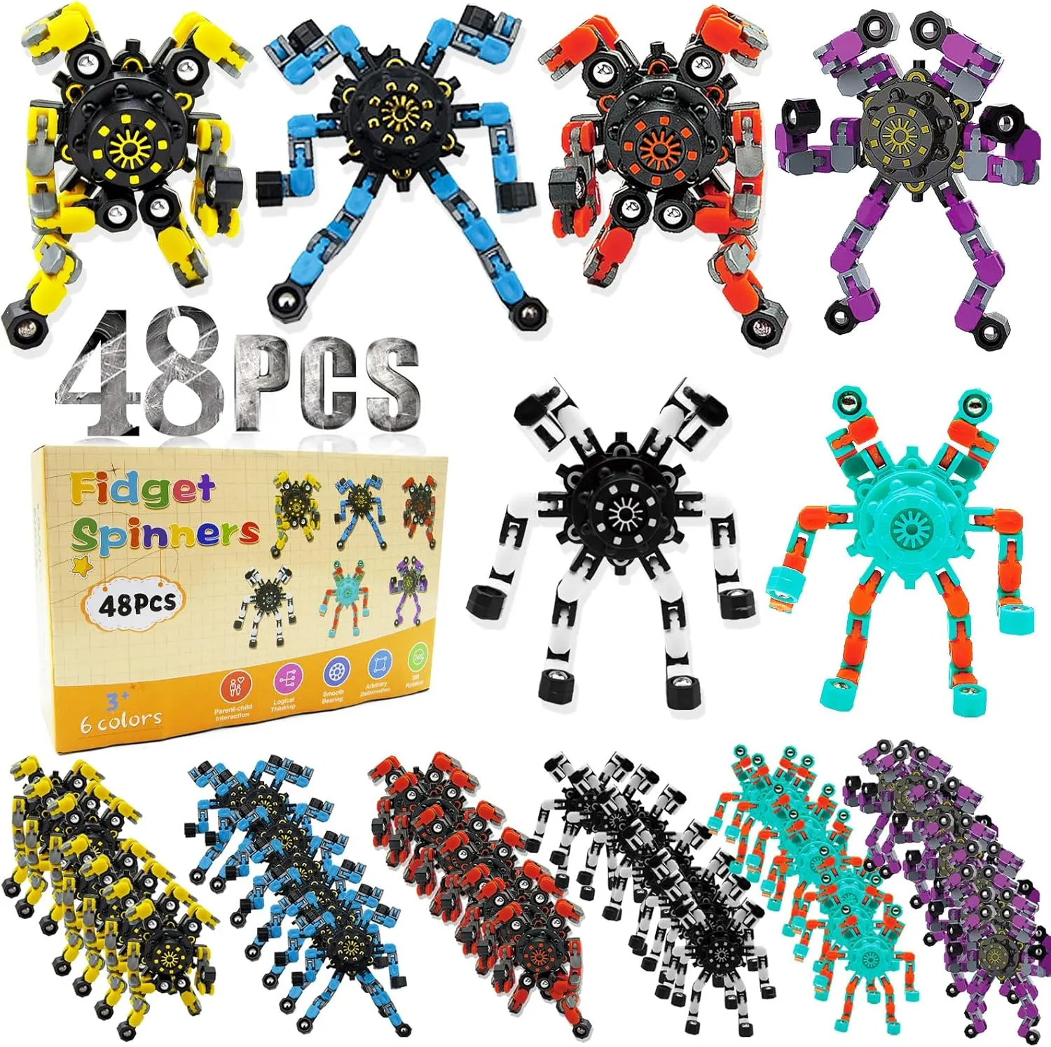 Kids Gifts(Fidget Toys 48PC) Transformable Fidget Spinner for Kids,Deformable Chain DIY Robot Spinner Sensory Toy, thorough decent Stress Relief Fingertip Gyros Birthday Party Favors for 