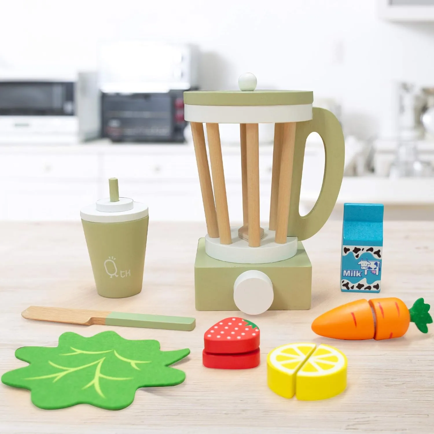 Kids Little Chef Frankfurt 13-pc. Wooden Play Kitchen Blender Accessory Set silicon with Pretend Ingredients$ Natural/Green Teamson 