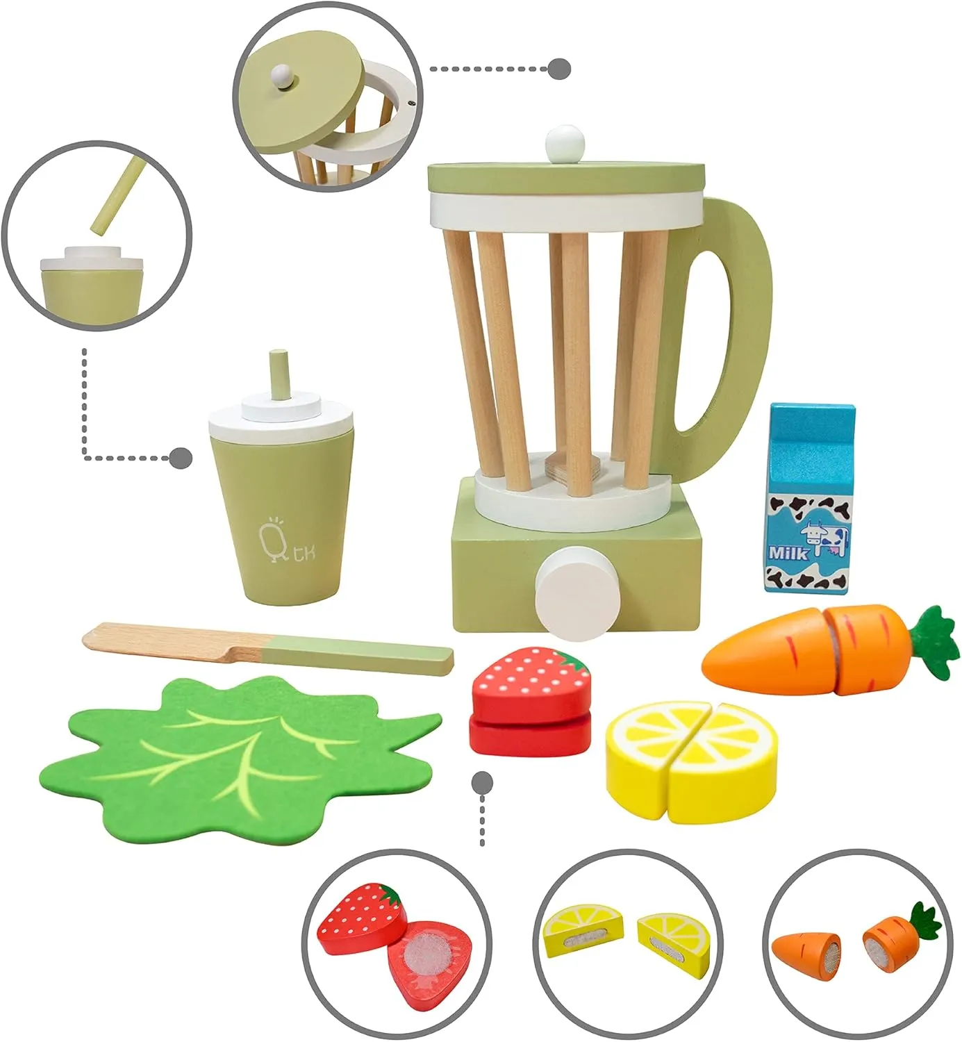 Kids Little Chef Frankfurt 13-pc. Wooden Play Kitchen Blender Accessory Set silicon with Pretend Ingredients$ Natural/Green Teamson 