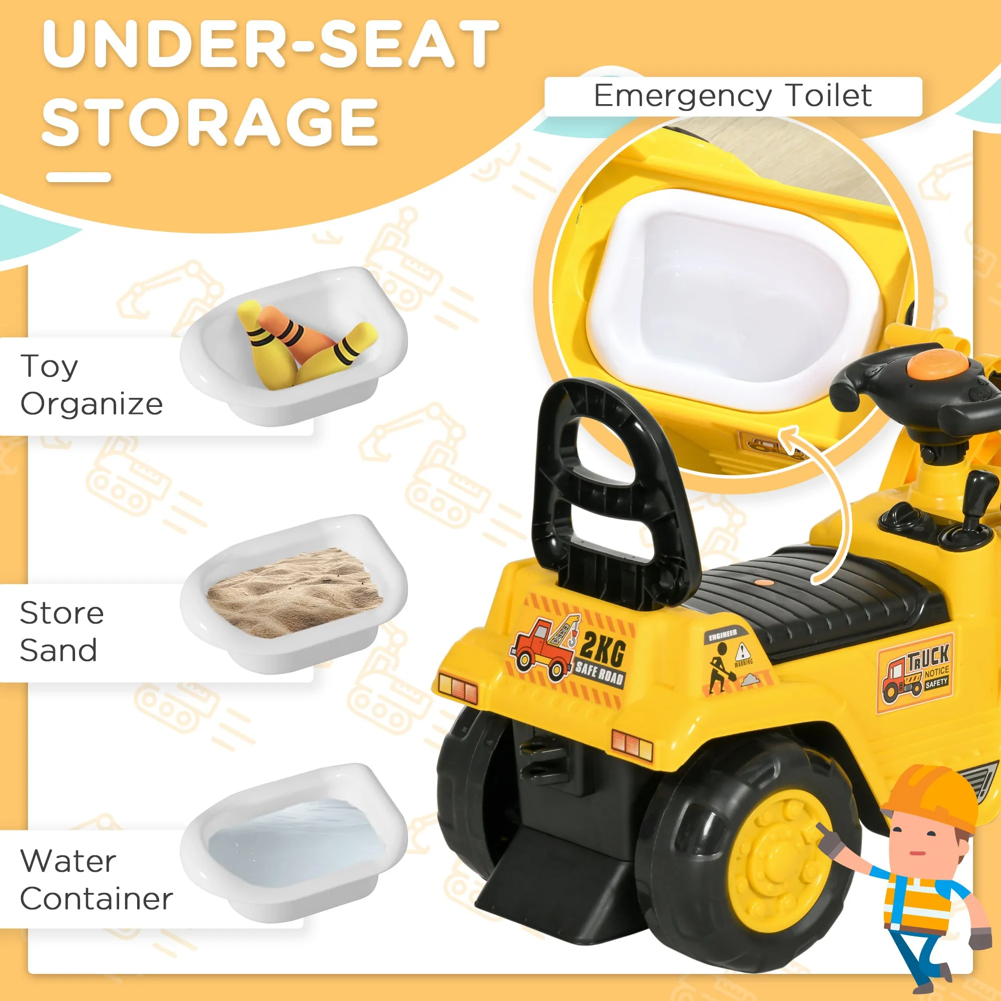 Kids Ride-On Bulldozer Toy with Excavator Bucket Horn Steering Wheel Under Seat Storage for Toddlers Yellow