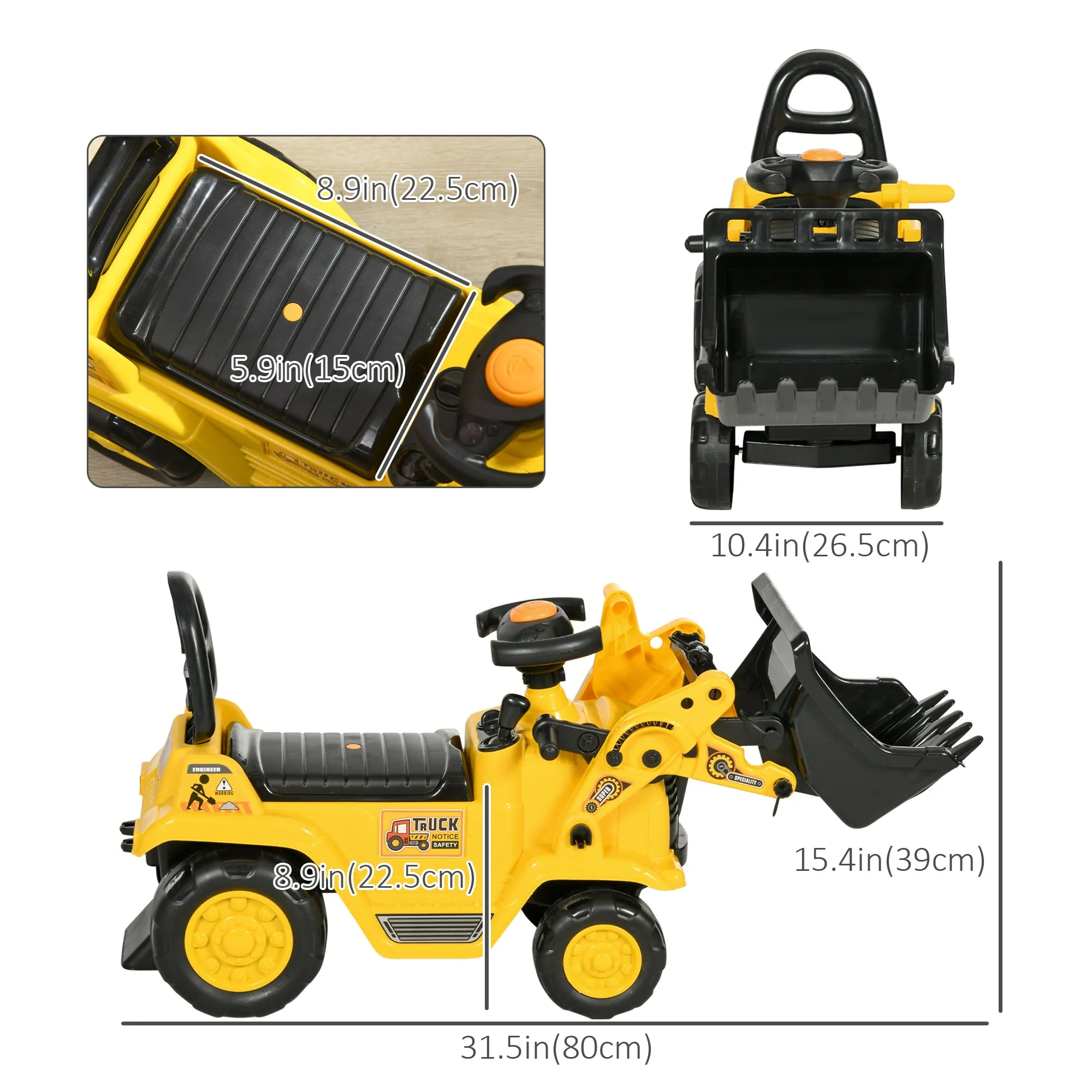 Kids Ride-On Bulldozer Toy with Excavator Bucket Horn Steering Wheel Under Seat Storage for Toddlers Yellow
