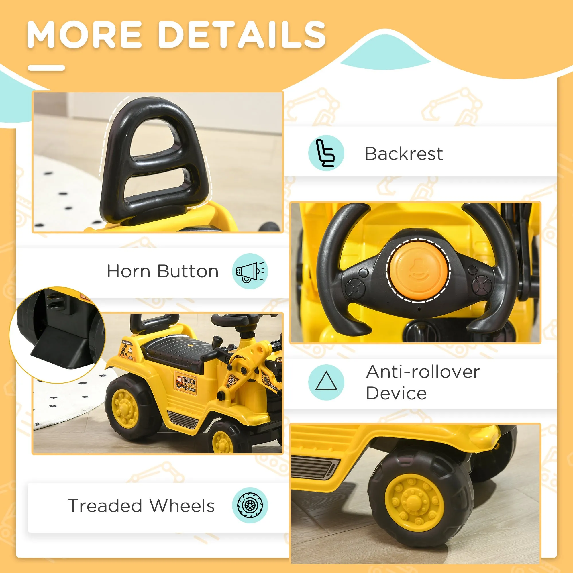 Kids Ride-On Bulldozer Toy with Excavator Bucket Horn Steering Wheel Under Seat Storage for Toddlers Yellow