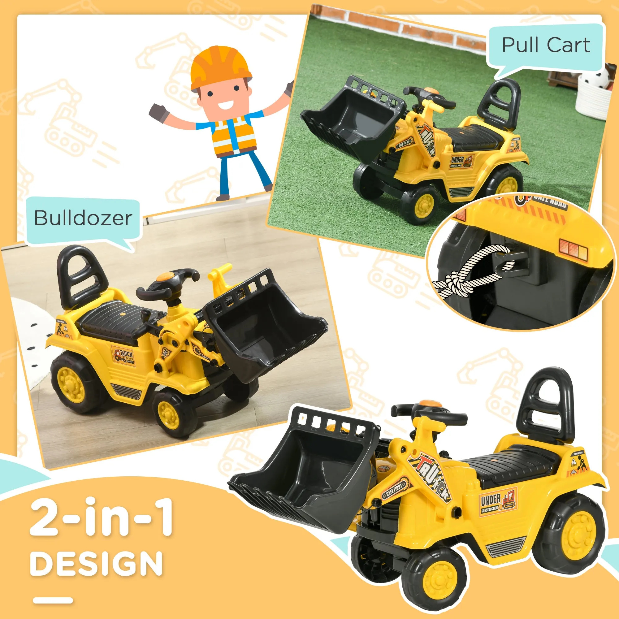 Kids Ride-On Bulldozer Toy with Excavator Bucket Horn Steering Wheel Under Seat Storage for Toddlers Yellow
