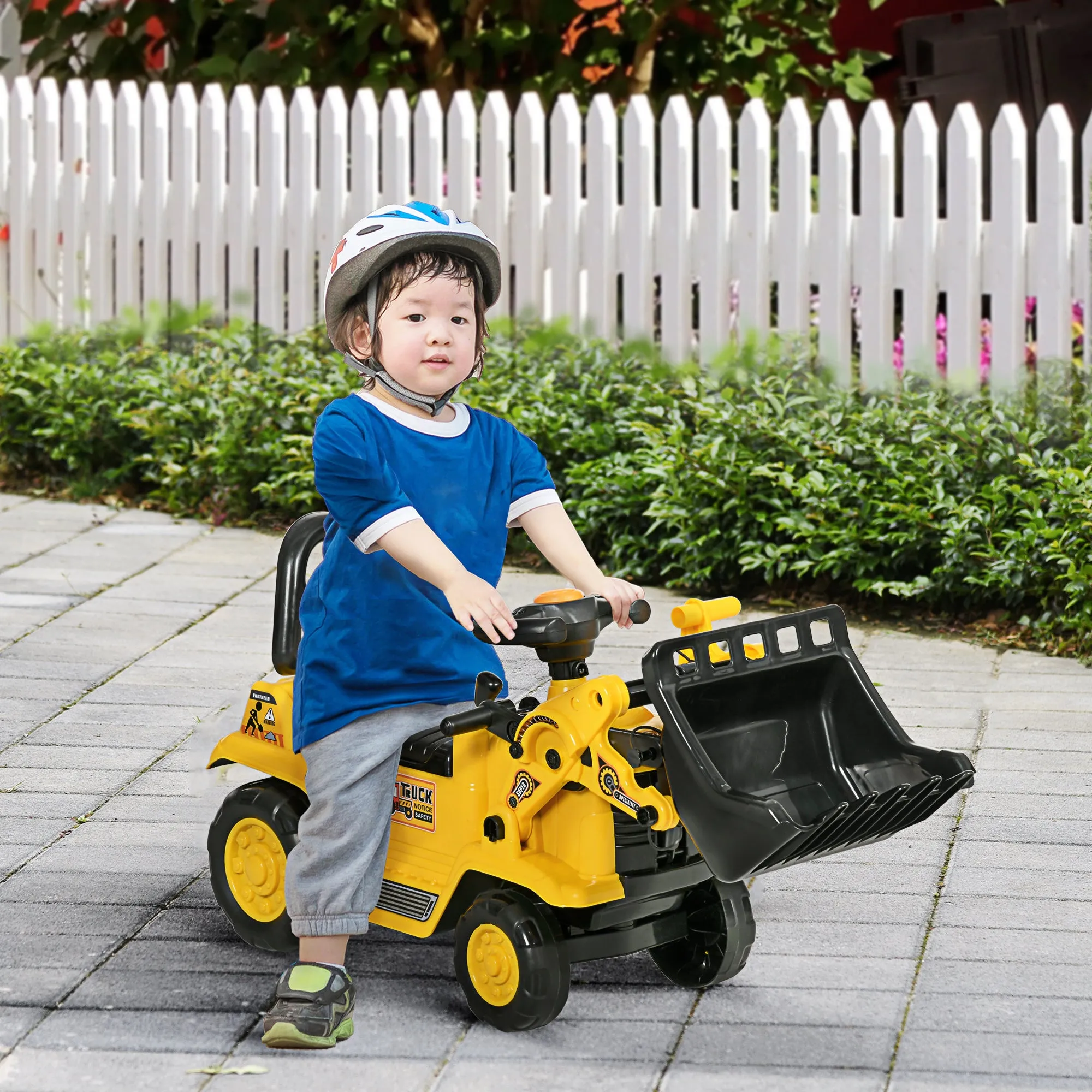 Kids Ride-On Bulldozer Toy with Excavator Bucket Horn Steering Wheel Under Seat Storage for Toddlers Yellow