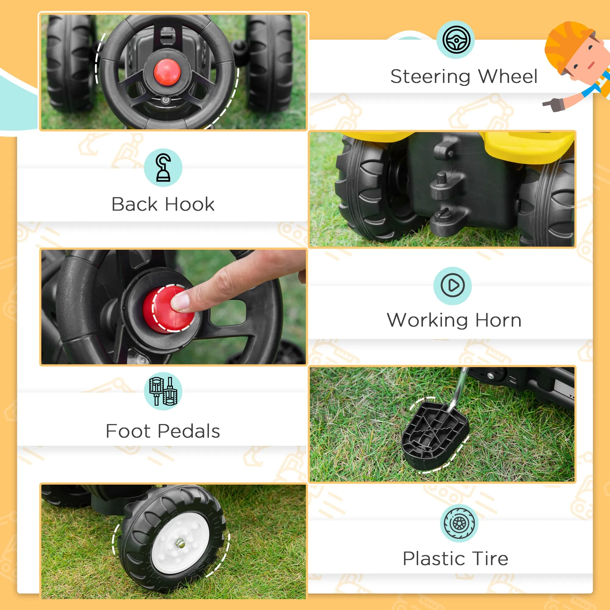 Kids Ride on Excavator, Pedal Excavator Ride on Toy, Pretend Play Ride on Tractor for Kids & Toddlers, Yellow