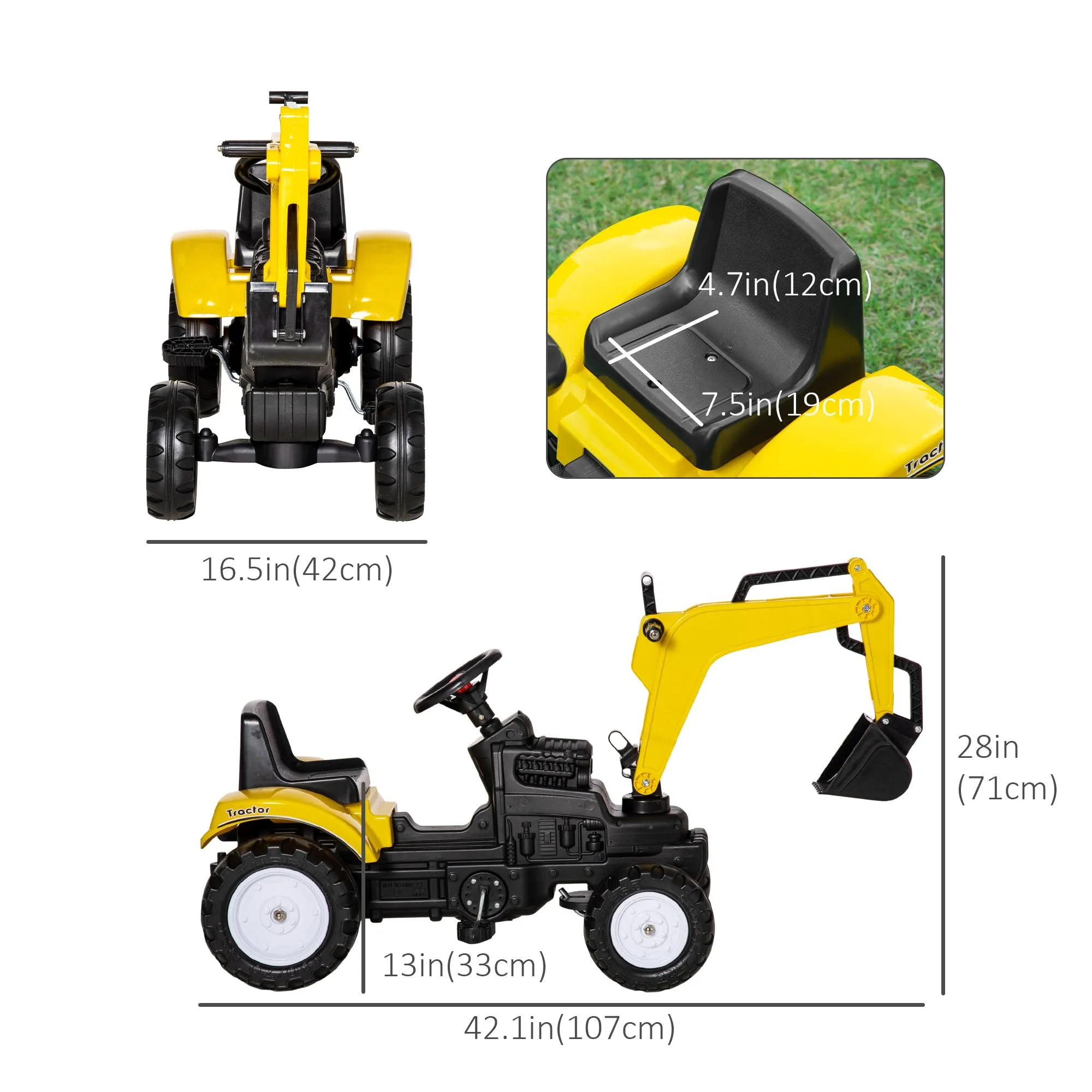 Kids Ride on Excavator, Pedal Excavator Ride on Toy, Pretend Play Ride on Tractor for Kids & Toddlers, Yellow