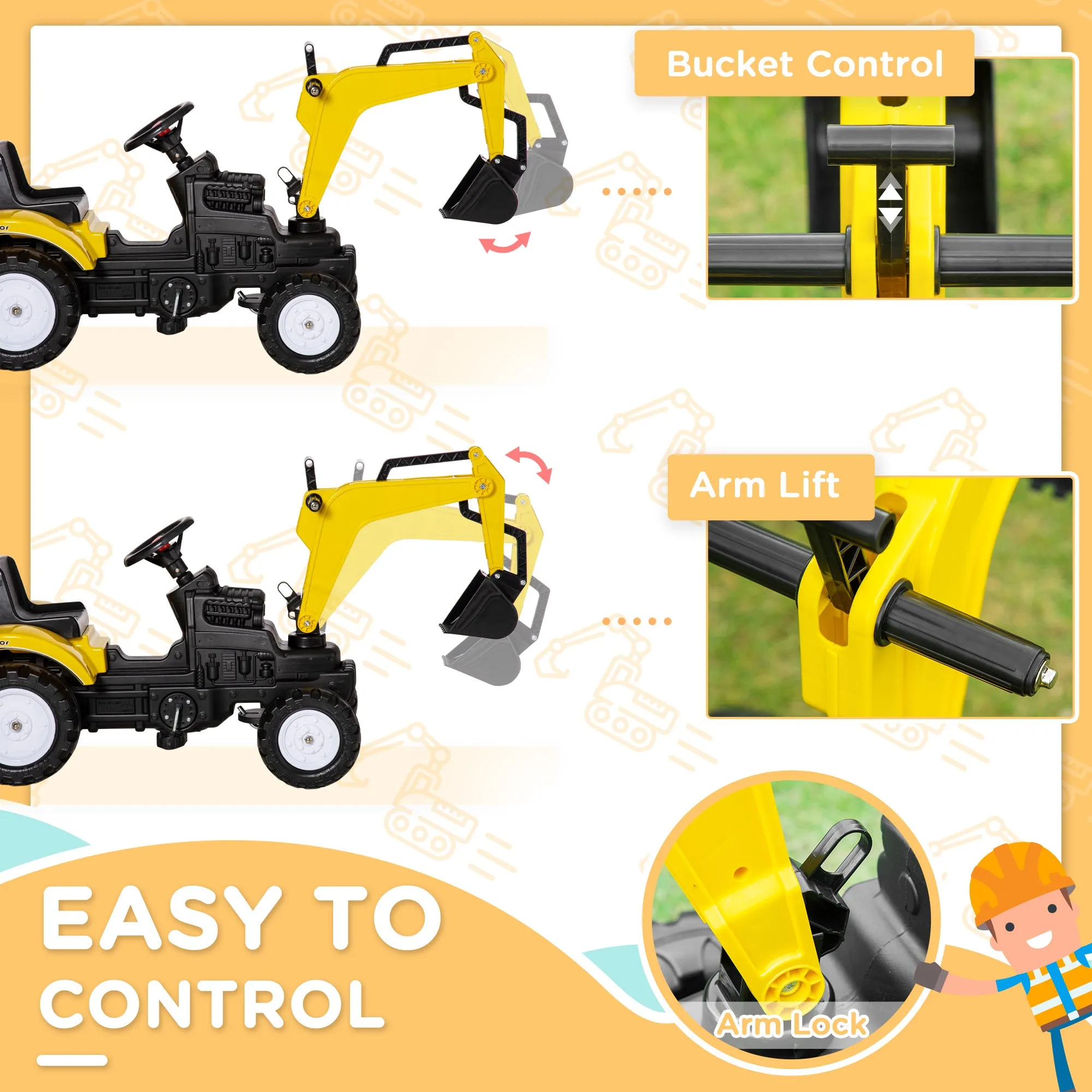 Kids Ride on Excavator, Pedal Excavator Ride on Toy, Pretend Play Ride on Tractor for Kids & Toddlers, Yellow