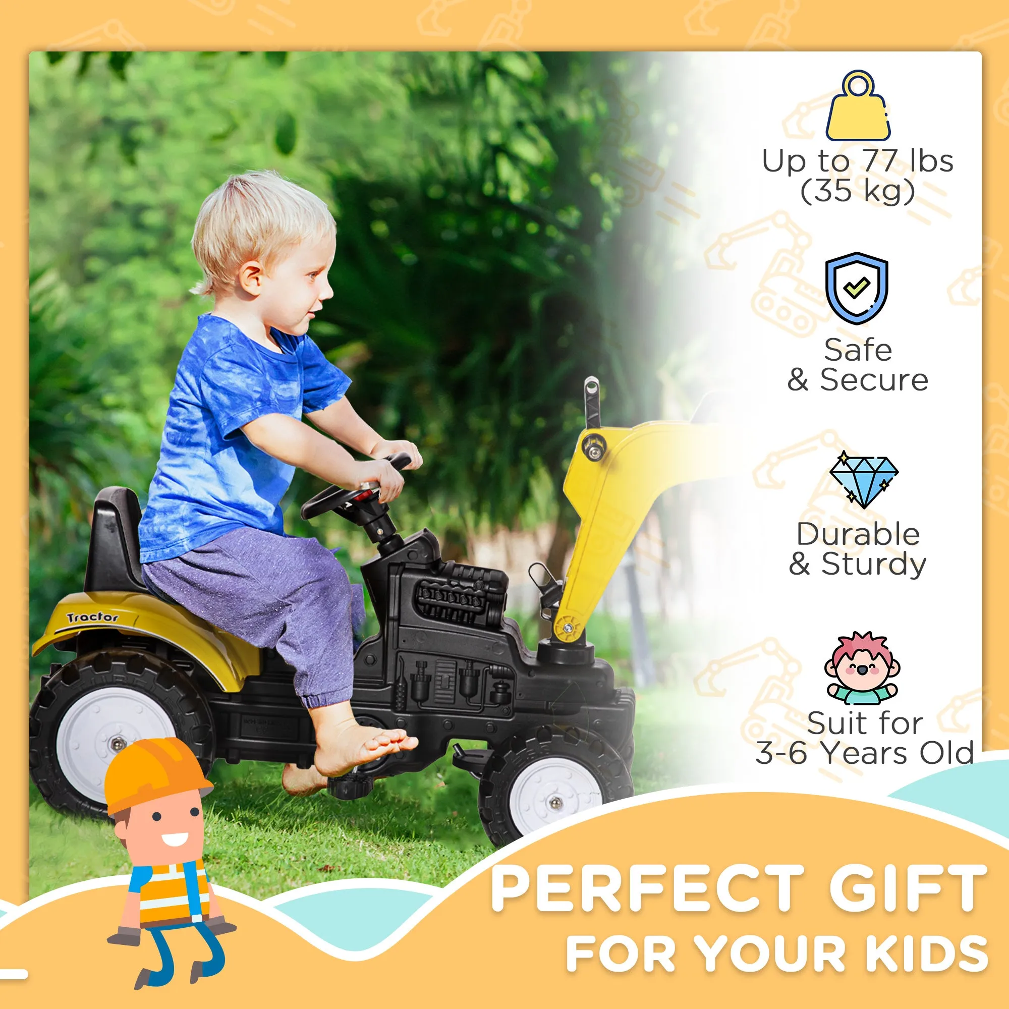 Kids Ride on Excavator, Pedal Excavator Ride on Toy, Pretend Play Ride on Tractor for Kids & Toddlers, Yellow