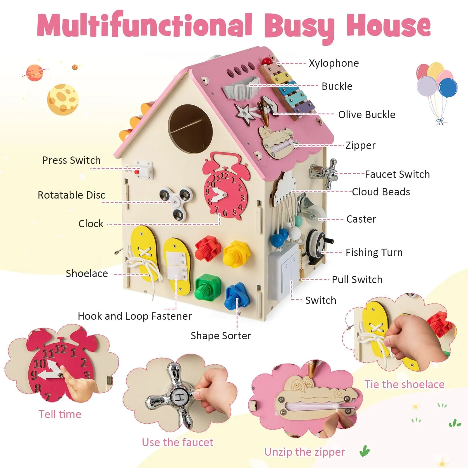 Kids Wooden Busy House Toy, Montessori Play House w/Sensory Games & Interior Storage Space