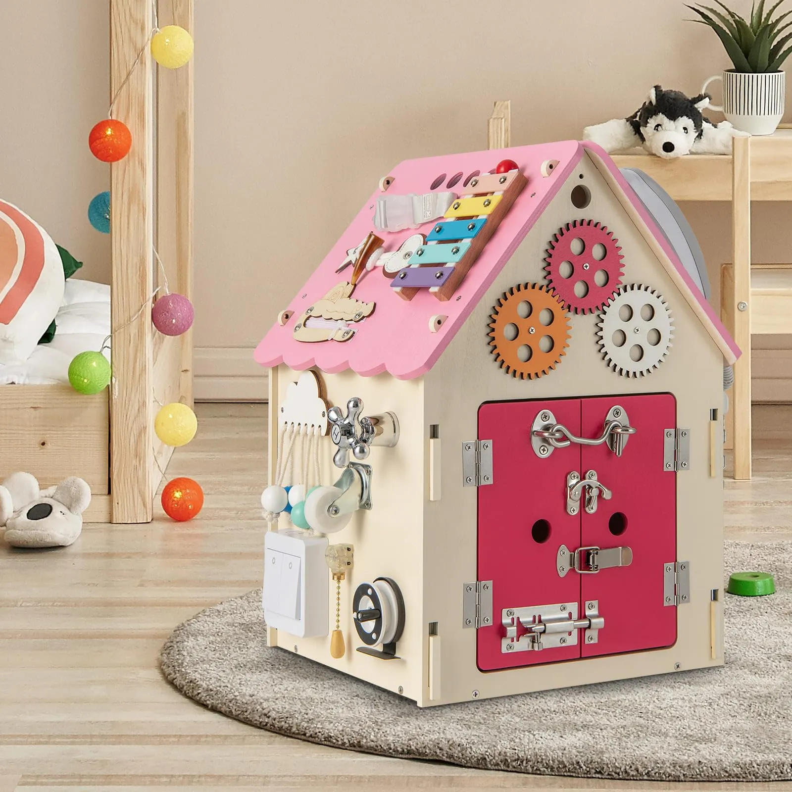 Kids Wooden Busy House Toy, Montessori Play House w/Sensory Games & Interior Storage Space