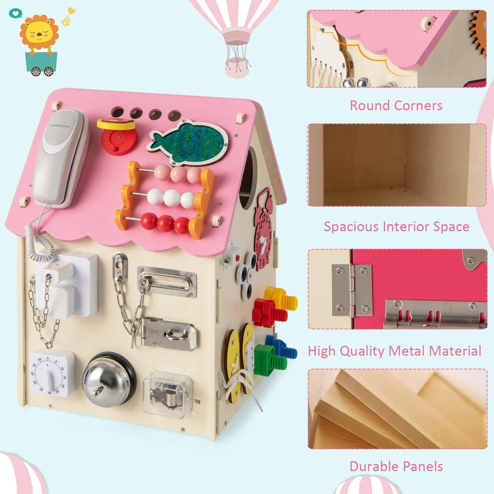 Kids Wooden Busy House Toy, Montessori Play House w/Sensory Games & Interior Storage Space