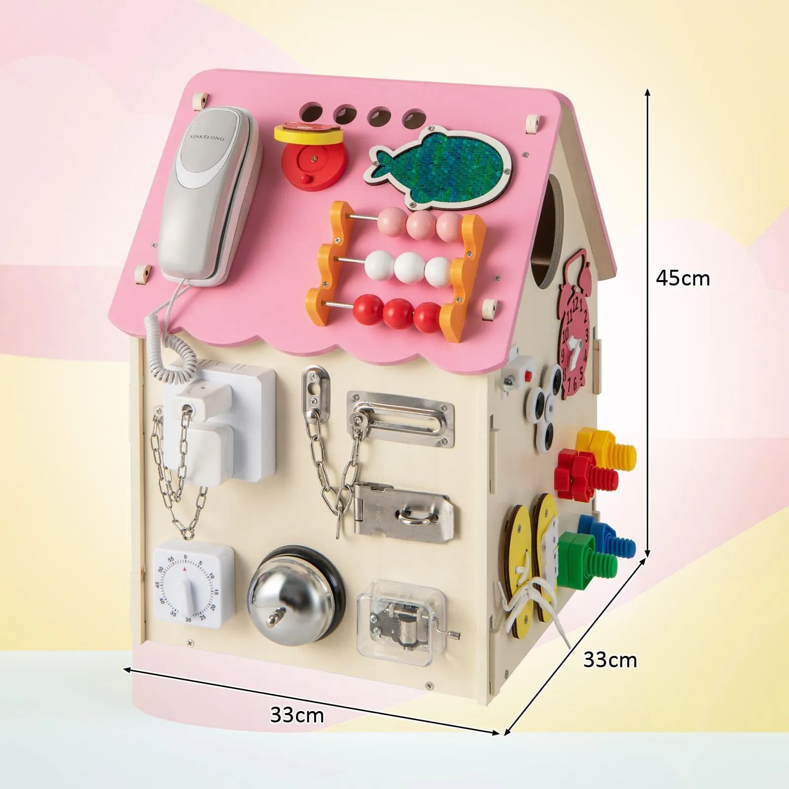 Kids Wooden Busy House Toy, Montessori Play House w/Sensory Games & Interior Storage Space