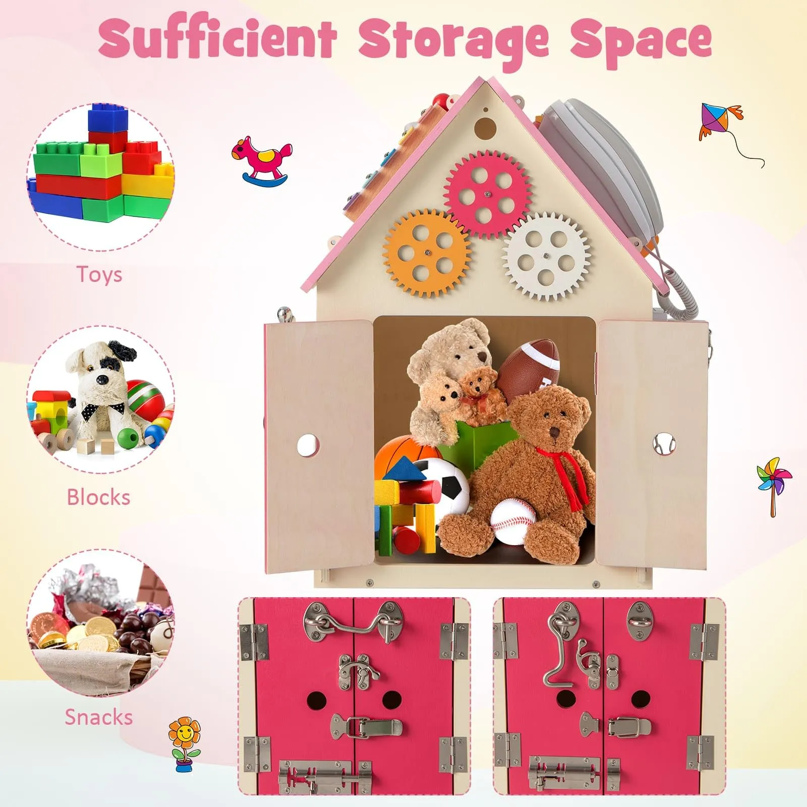 Kids Wooden Busy House Toy, Montessori Play House w/Sensory Games & Interior Storage Space