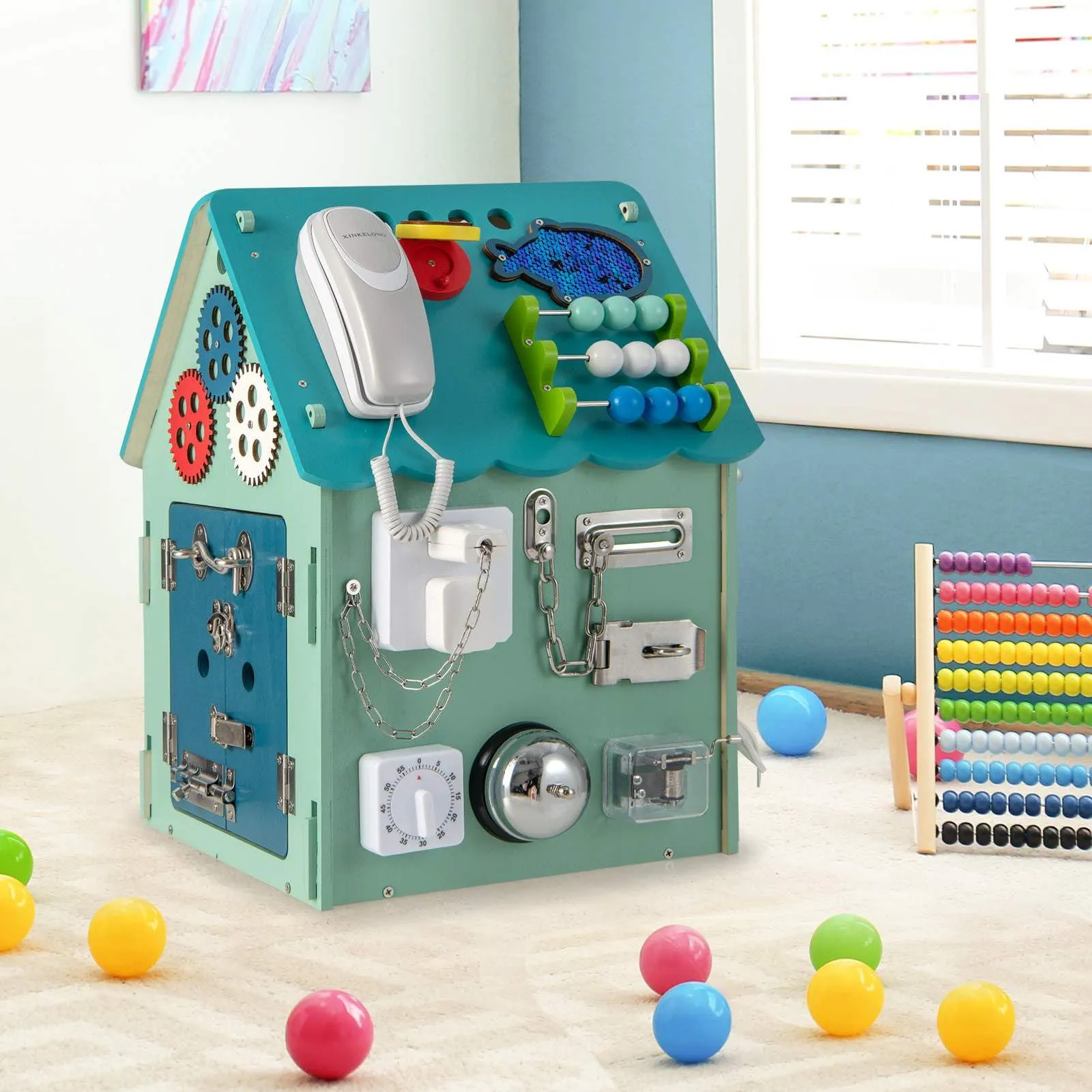 Kids Wooden Busy House Toy, Montessori Play House w/Sensory Games & Interior Storage Space