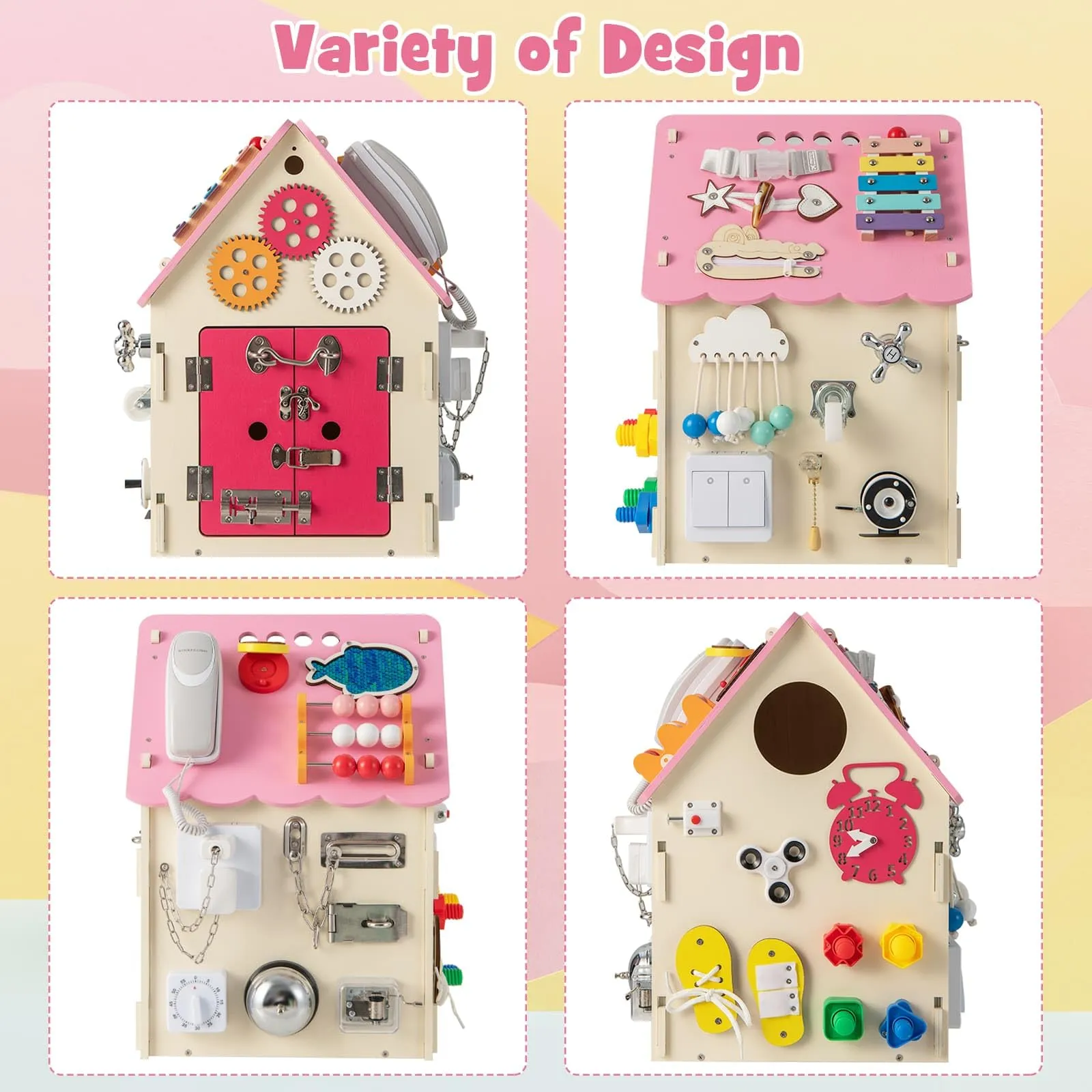 Kids Wooden Busy House Toy, Montessori Play House w/Sensory Games & Interior Storage Space