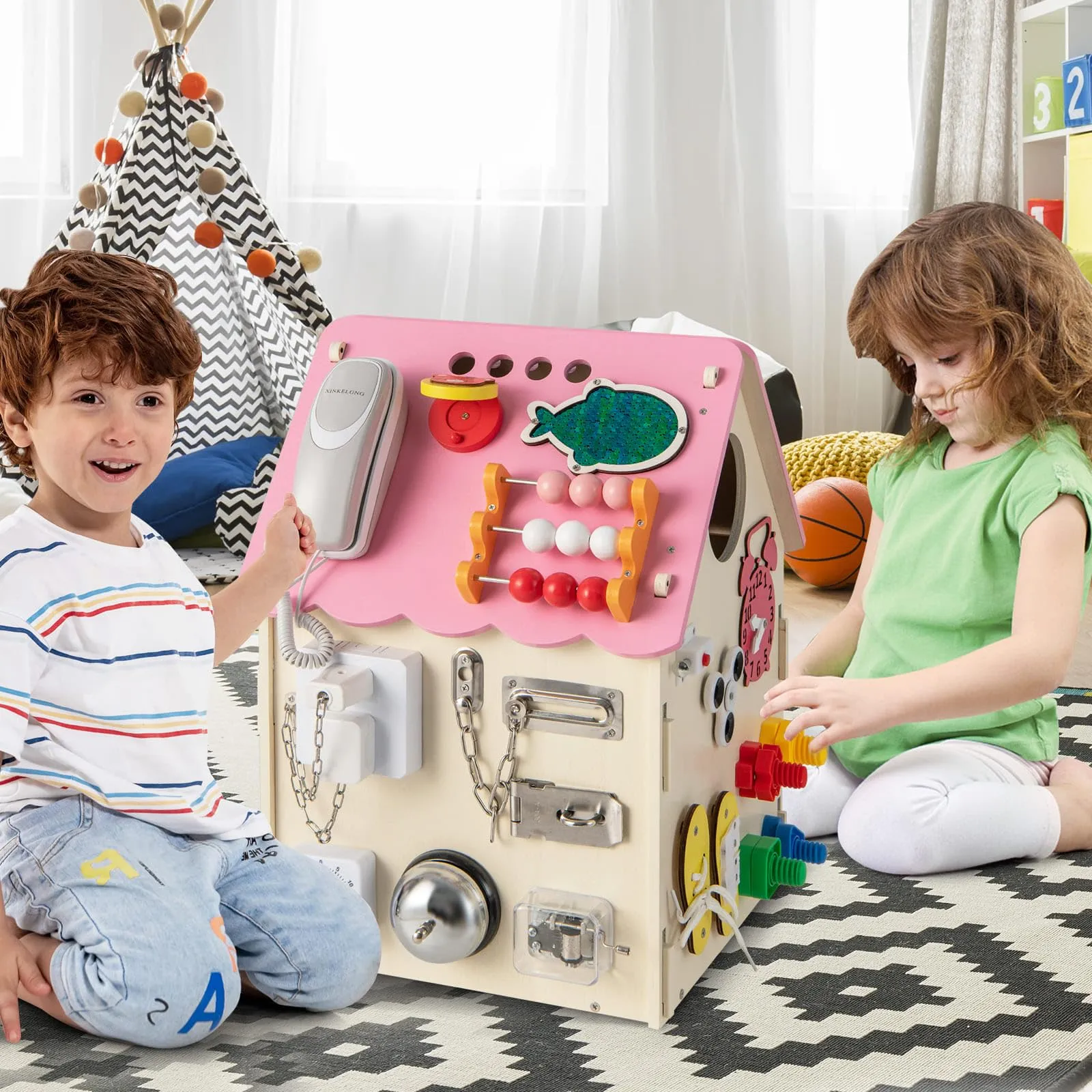 Kids Wooden Busy House Toy, Montessori Play House w/Sensory Games & Interior Storage Space