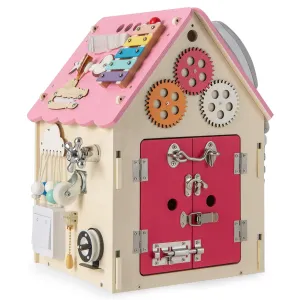 Kids Wooden Busy House Toy, Montessori Play House w/Sensory Games & Interior Storage Space