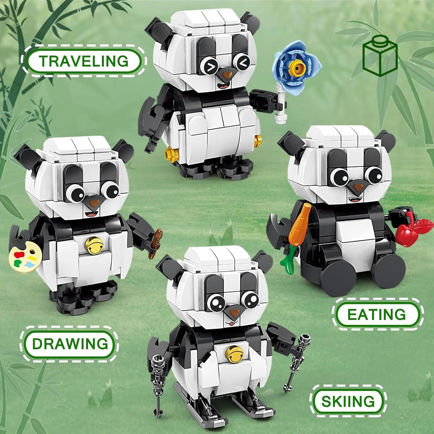 Kids,Boys brook allay and Girls Ages 8-12,Panda Gifts for Birthday KAZI Wild Animals Panda Family - Building Toy with 4 Scene Building Options - Having a Meal,Traveling,Skiing,Drawing,Animal Figures for 