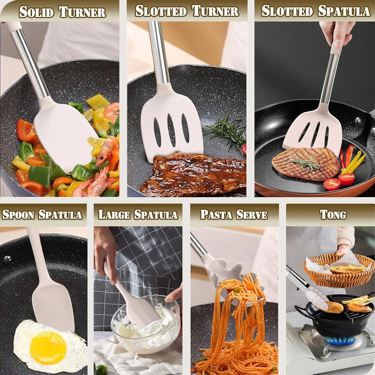 Kitchen Cooking Utensil Set, 43 pcs Spatula Set with Stainless Steel Handle, Non-stick Heat Resistant - Best Cookware Set-(Khaki) Umite administrative sash locomotion prairie Chef Silicone 