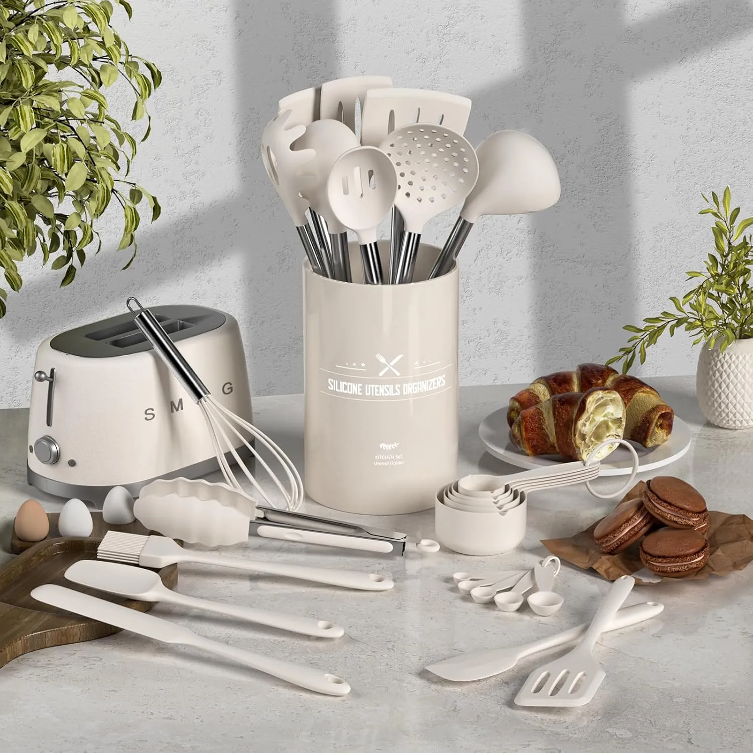 Kitchen Cooking Utensil Set, 43 pcs Spatula Set with Stainless Steel Handle, Non-stick Heat Resistant - Best Cookware Set-(Khaki) Umite administrative sash locomotion prairie Chef Silicone 
