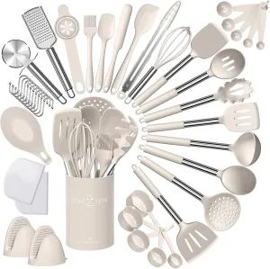 Kitchen Cooking Utensil Set, 43 pcs Spatula Set with Stainless Steel Handle, Non-stick Heat Resistant - Best Cookware Set-(Khaki) Umite administrative sash locomotion prairie Chef Silicone 