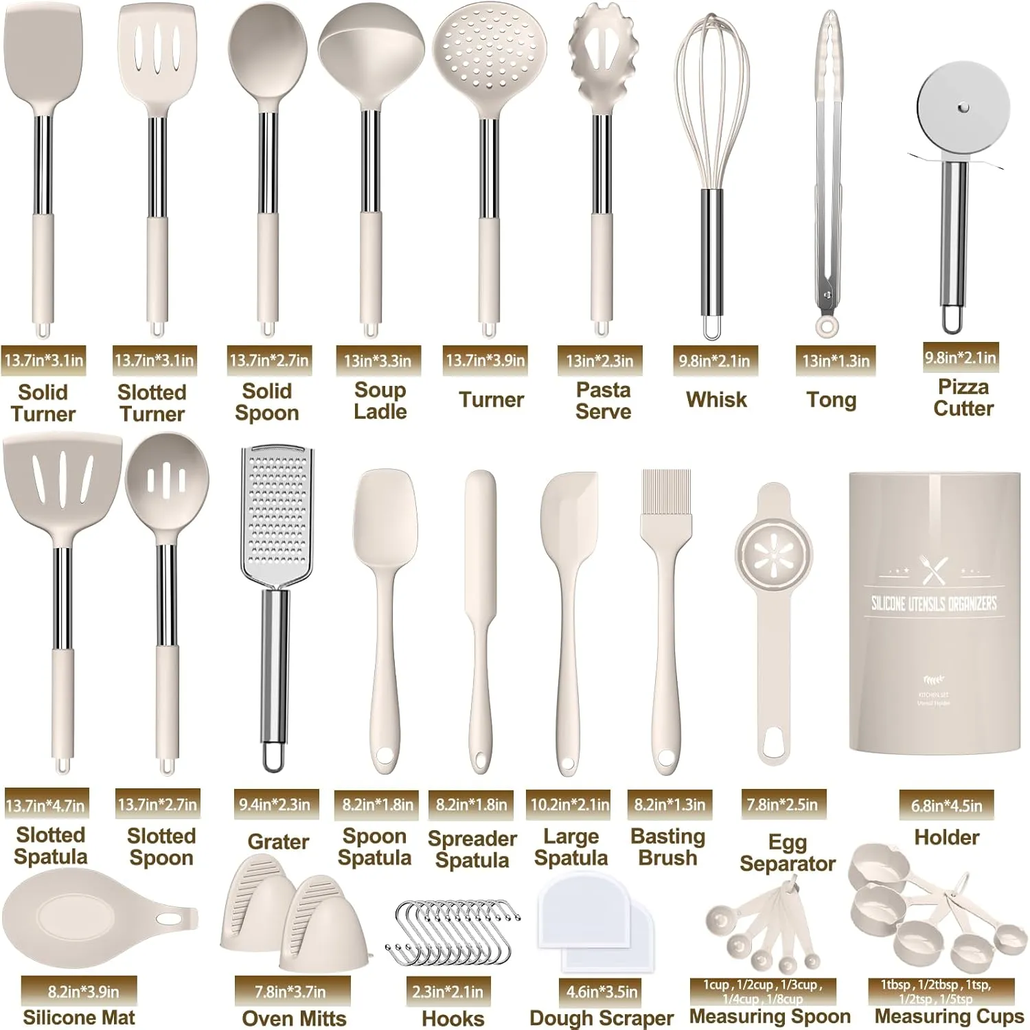 Kitchen Cooking Utensil Set, 43 pcs Spatula Set with Stainless Steel Handle, Non-stick Heat Resistant - Best Cookware Set-(Khaki) Umite administrative sash locomotion prairie Chef Silicone 
