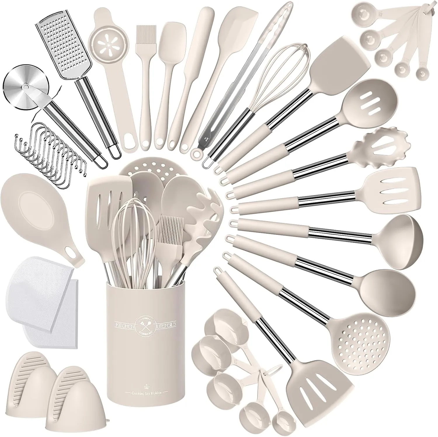 Kitchen Cooking Utensil Set, 43 pcs Spatula Set with Stainless Steel Handle, Non-stick Heat Resistant - Best Cookware Set-(Khaki) Umite administrative sash locomotion prairie Chef Silicone 