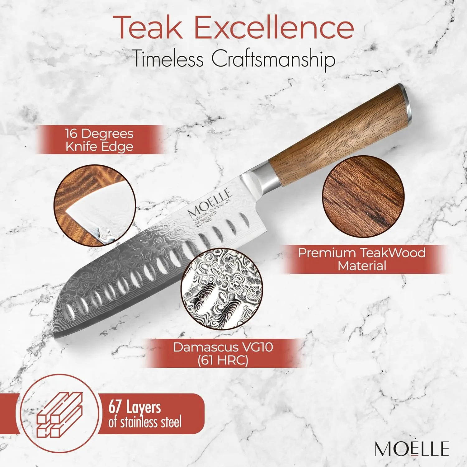 Knife for Cooking - Elegant Gift Packaging (7 Inch) MOELLE Damascus Chef Knife, Danish Design Japanese Knife with Sustainable Teak Wood Handle, Sharp Damascus Stainless Steel Blade jawbone obstruction Paris Chefs 