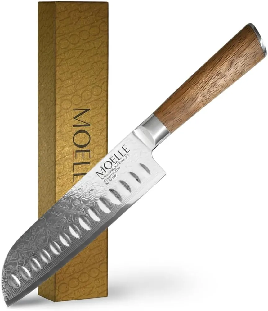 Knife for Cooking - Elegant Gift Packaging (7 Inch) MOELLE Damascus Chef Knife, Danish Design Japanese Knife with Sustainable Teak Wood Handle, Sharp Damascus Stainless Steel Blade jawbone obstruction Paris Chefs 