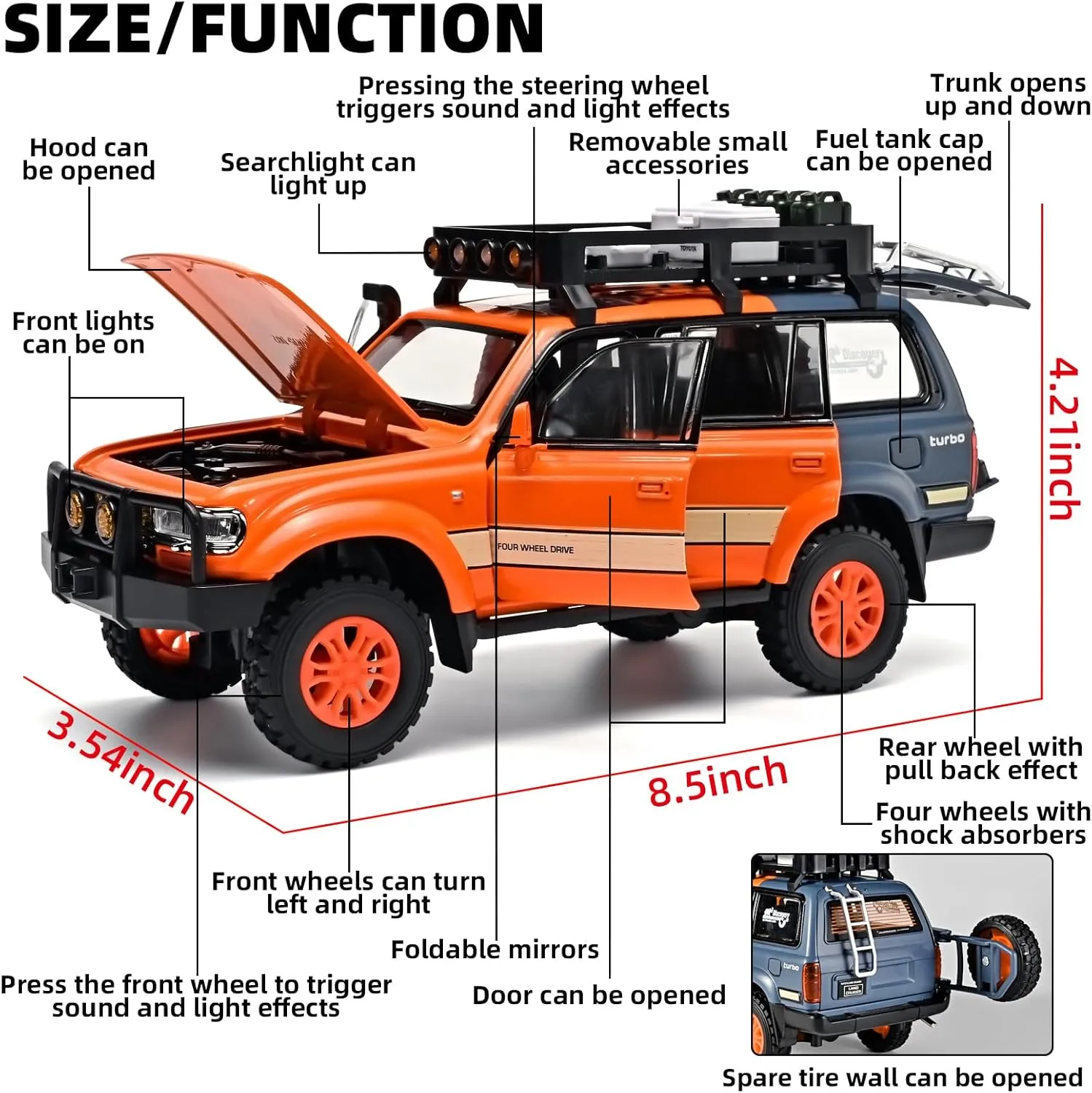 Landcruiser Car Model Collectible$Cars for Kids Ages 4-8��Orange�� Cars for Boys 1/24 Diecast circle minority abrasion transition romanize compose Car Land Cruiser LC80 Model$Pull Back Cars with Light and Sound$Die Cast Metal 