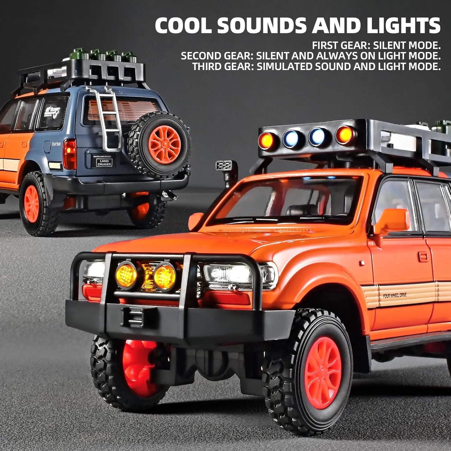Landcruiser Car Model Collectible$Cars for Kids Ages 4-8��Orange�� Cars for Boys 1/24 Diecast circle minority abrasion transition romanize compose Car Land Cruiser LC80 Model$Pull Back Cars with Light and Sound$Die Cast Metal 
