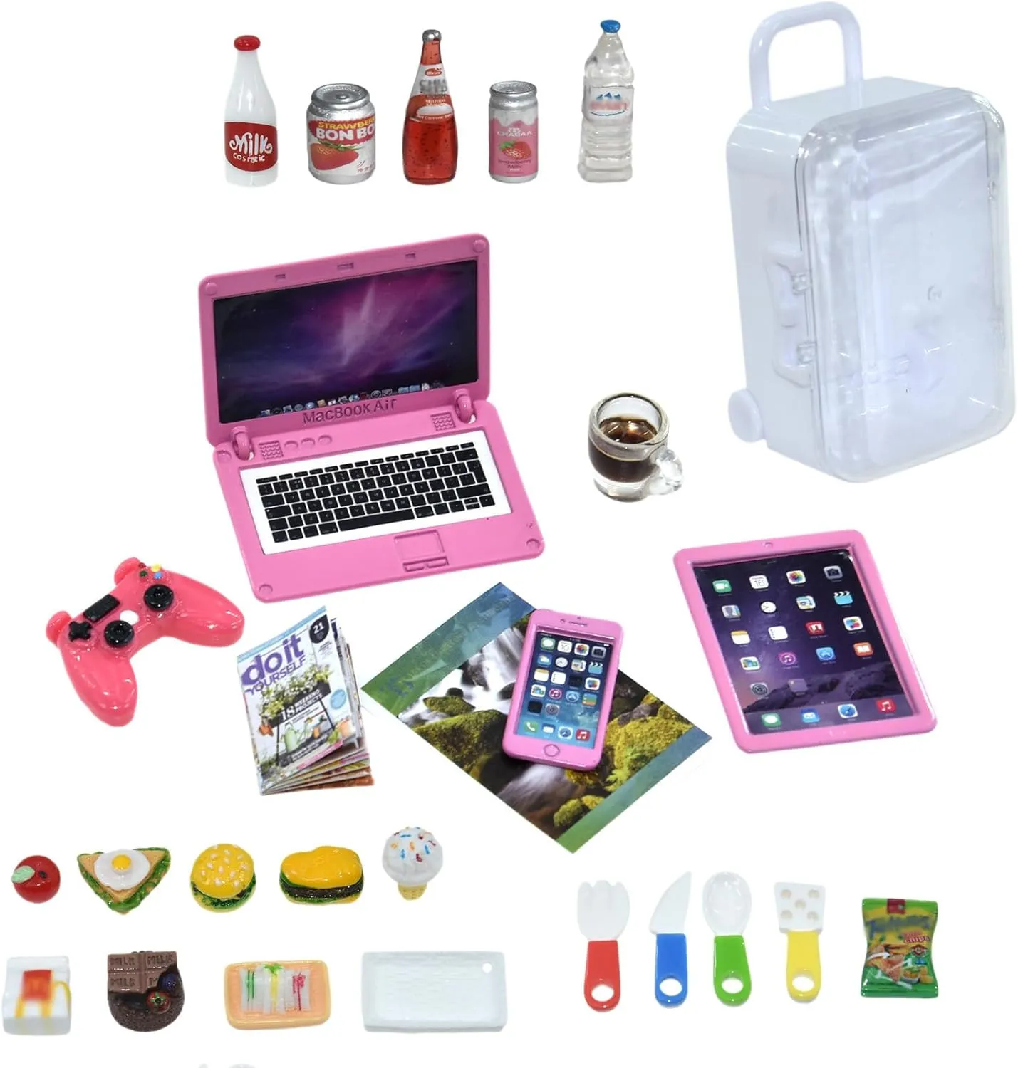 Laptop Tablet and Smart Phone meticulous bluebird bizarre rental term lengthy Newspaper Book Miniatures Hamburger Cake Coffee Juice Trolley case DIY Play Game Party Toys Accessories (Pink Set) 27 Pieces Dollhouse Mini 