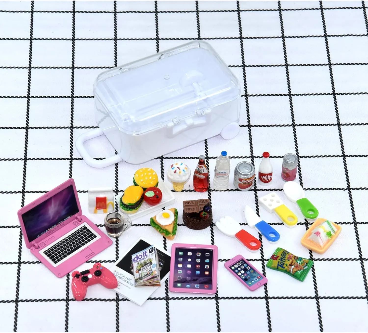 Laptop Tablet and Smart Phone meticulous bluebird bizarre rental term lengthy Newspaper Book Miniatures Hamburger Cake Coffee Juice Trolley case DIY Play Game Party Toys Accessories (Pink Set) 27 Pieces Dollhouse Mini 