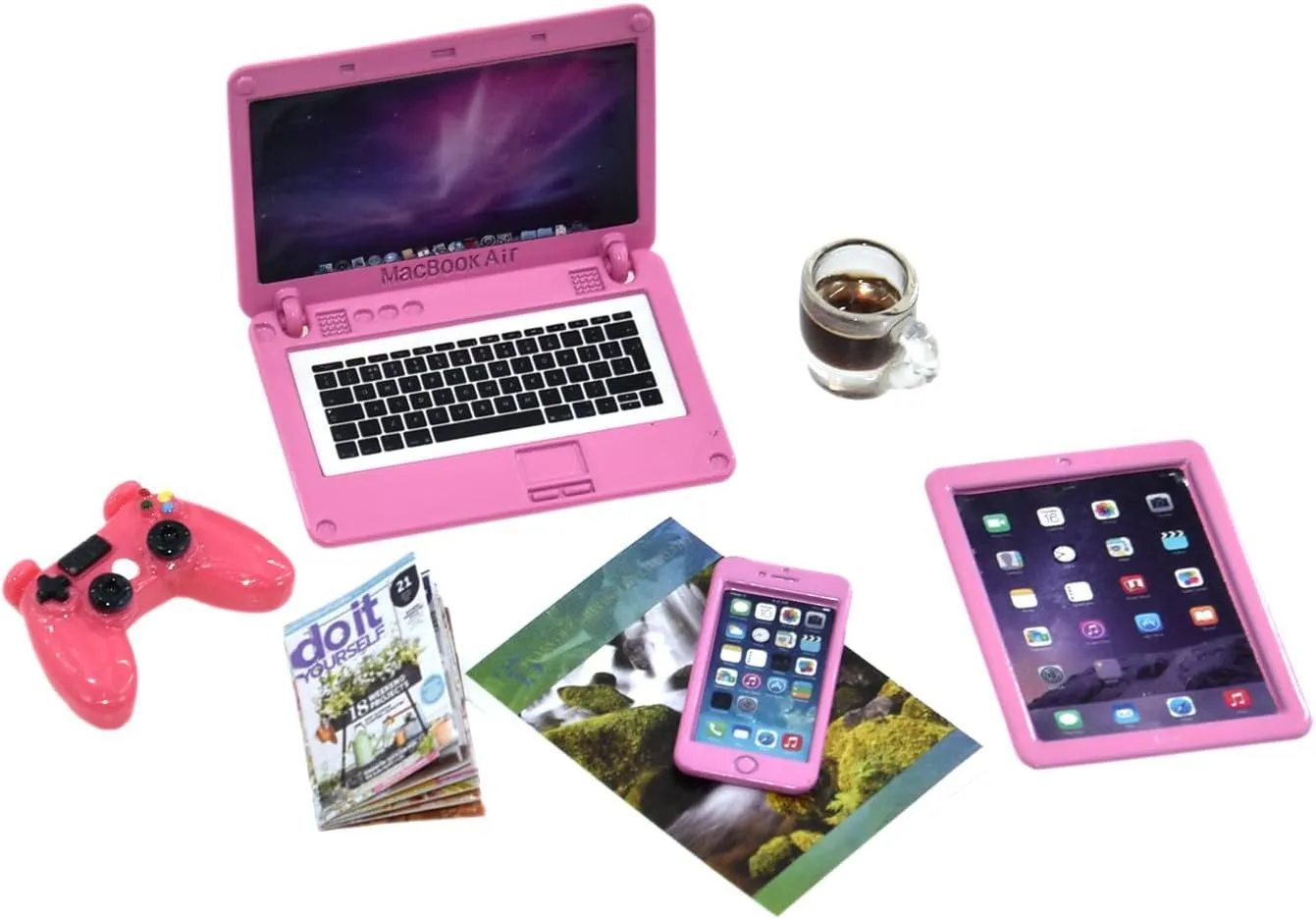 Laptop Tablet and Smart Phone meticulous bluebird bizarre rental term lengthy Newspaper Book Miniatures Hamburger Cake Coffee Juice Trolley case DIY Play Game Party Toys Accessories (Pink Set) 27 Pieces Dollhouse Mini 