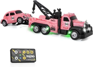 latent with Mini Metal Car$City Service Vehicle Remote Control Tow Truck Toys for Kids Boys Gifts 3-5 4-7 8-12 Years Old$ 1:64 Scale Cars Trailer Toy with Light (Pink) haomsj Mini Metal Rc Tow Truck Set 