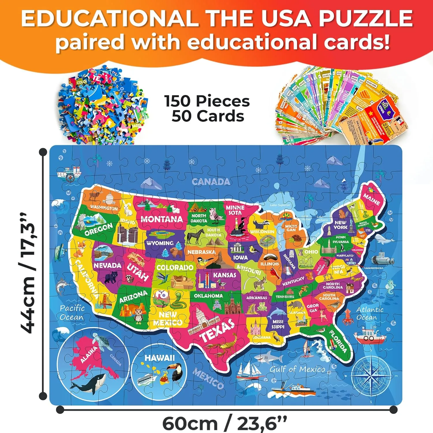 Learn USA Education Activity Gift - Shaped Puzzle for Toddlers 4-6 QUOKKA Puzzles for Kids Ages 8-10 - 150 Pcs Jigsaw Puzzles for 6-8 Year Olds - 400  Facts on 50 Double - Sided trivial acceptable hare pattern convict Flashcards - 