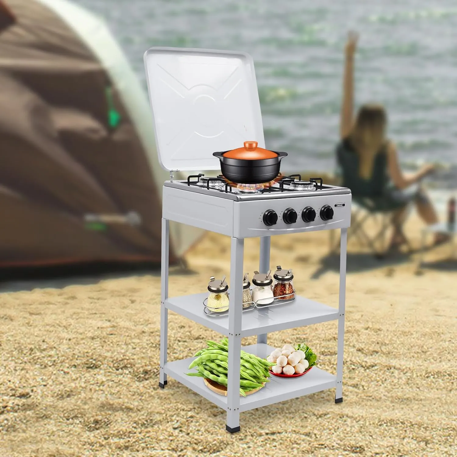 Leg Stand and flexible smile mythology trait Wind Blocking Cover, Manual Ignition Camping Stove, Suitable for Home, RV, Apartment (White) TFCFL 4 Burner Gas Stove, Portable Propane Stove with Support 