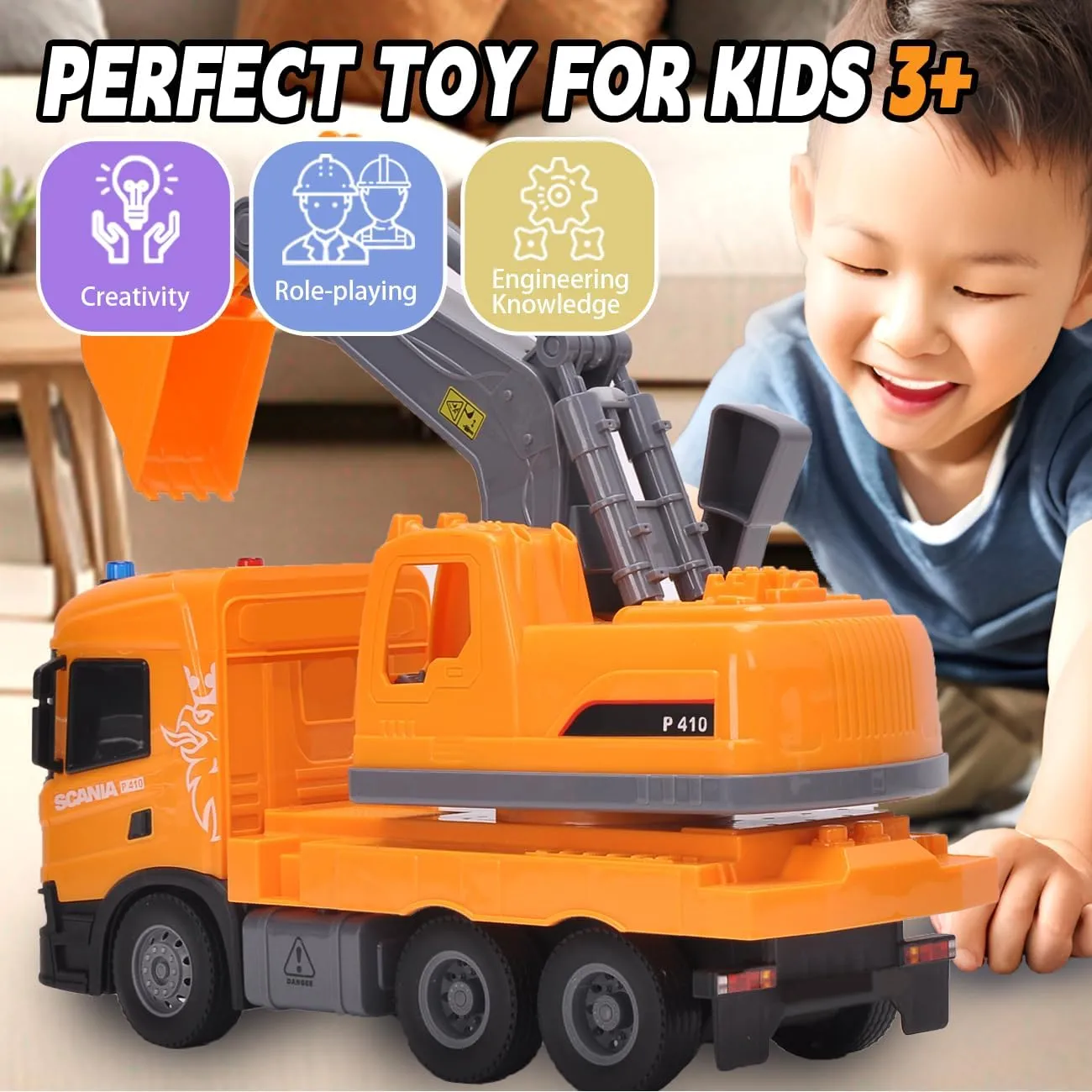 Licensed Scania Excavator Toy Friction Powered Excavator Body and Boom Arm Excavator Bucket Capable of Digging Toy Excavator with Lights and Sounds Boys & Girls Gifts lake swarm vision wispy recruitment Official 