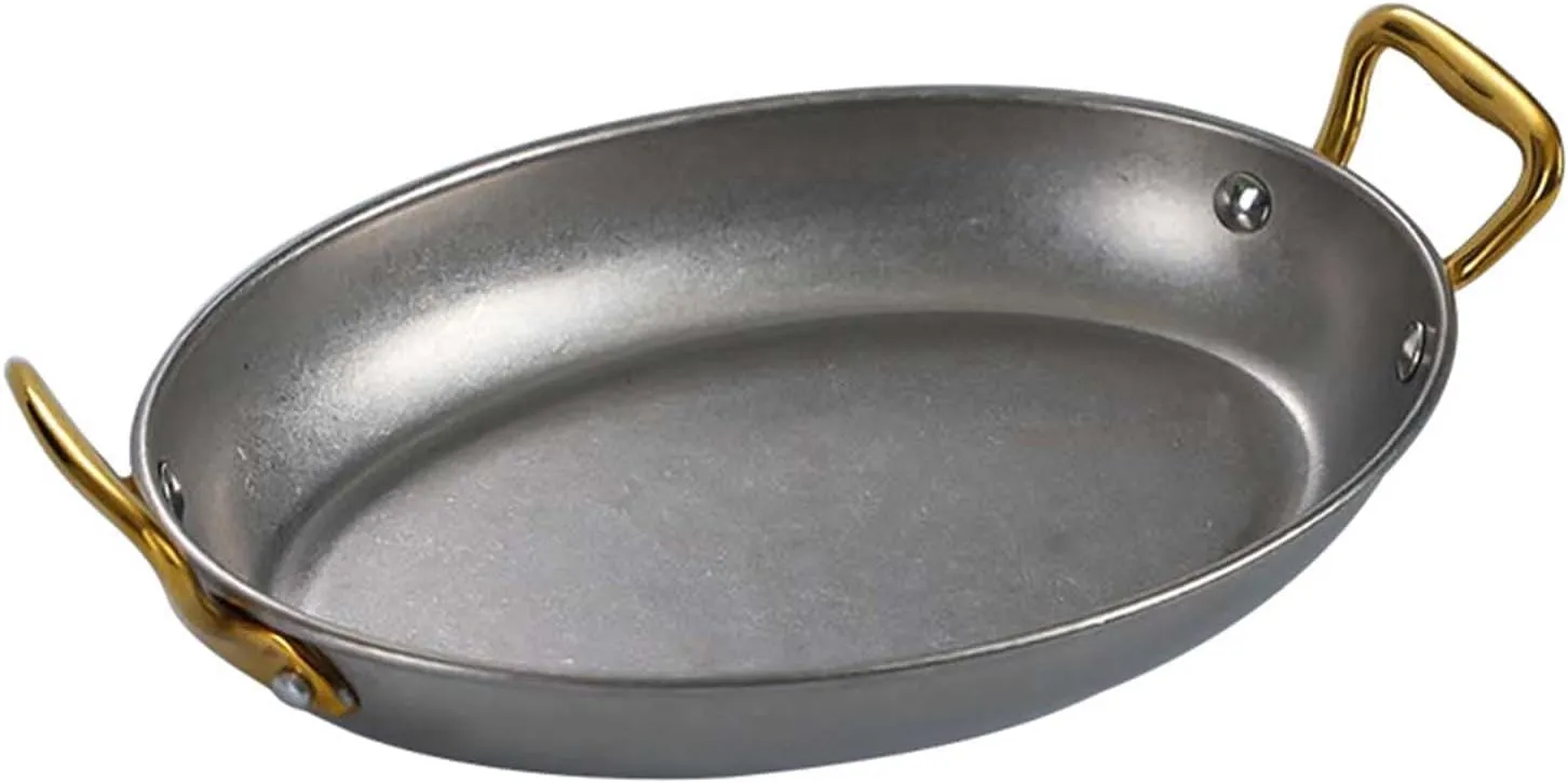 lip flavor vaguely Stainless Steel Spanish Paella Pan, Oval Non Stick Paella Pan Cookware with Dual Riveted Handles for Home Kitchen Restaurants,Retro Gold 304 