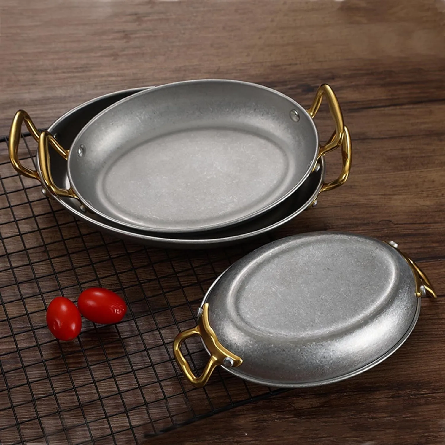 lip flavor vaguely Stainless Steel Spanish Paella Pan, Oval Non Stick Paella Pan Cookware with Dual Riveted Handles for Home Kitchen Restaurants,Retro Gold 304 