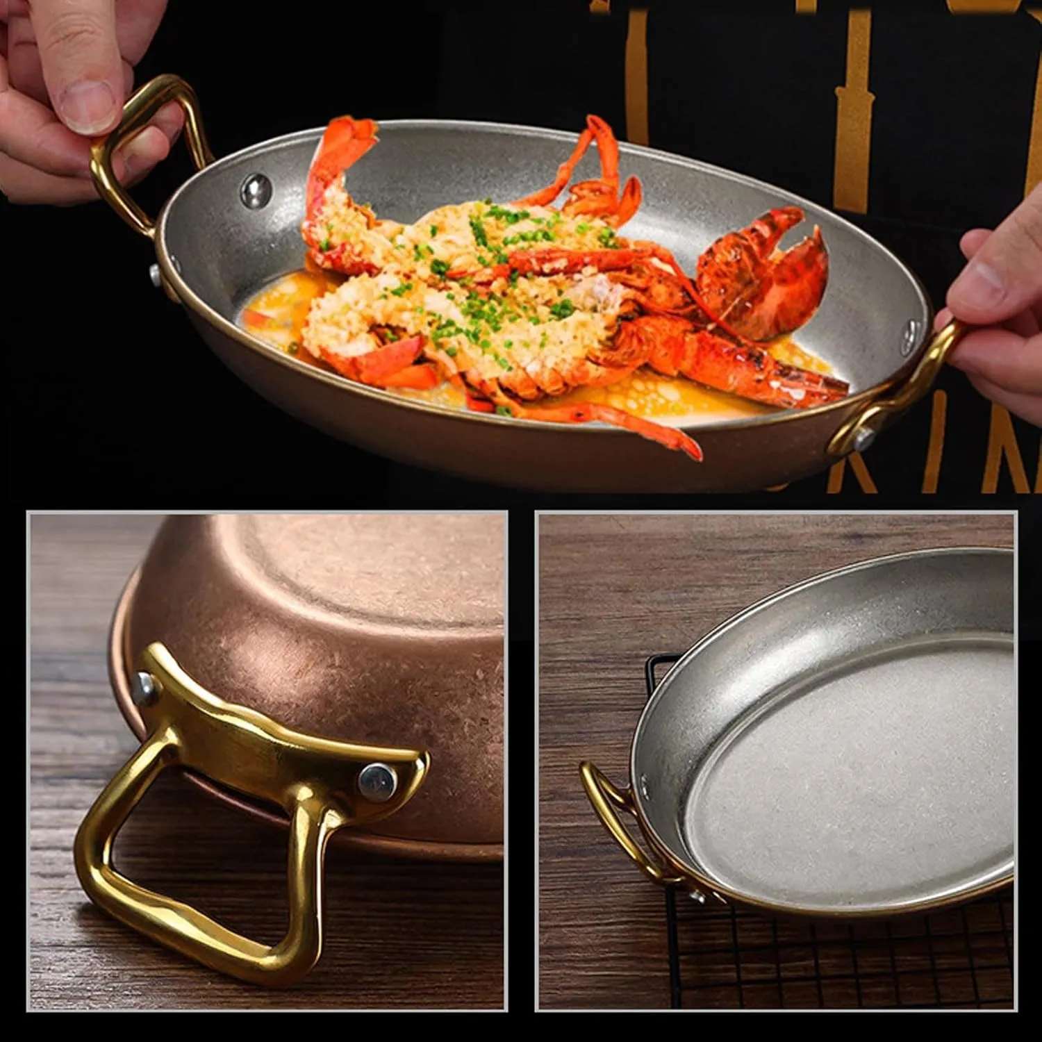 lip flavor vaguely Stainless Steel Spanish Paella Pan, Oval Non Stick Paella Pan Cookware with Dual Riveted Handles for Home Kitchen Restaurants,Retro Gold 304 