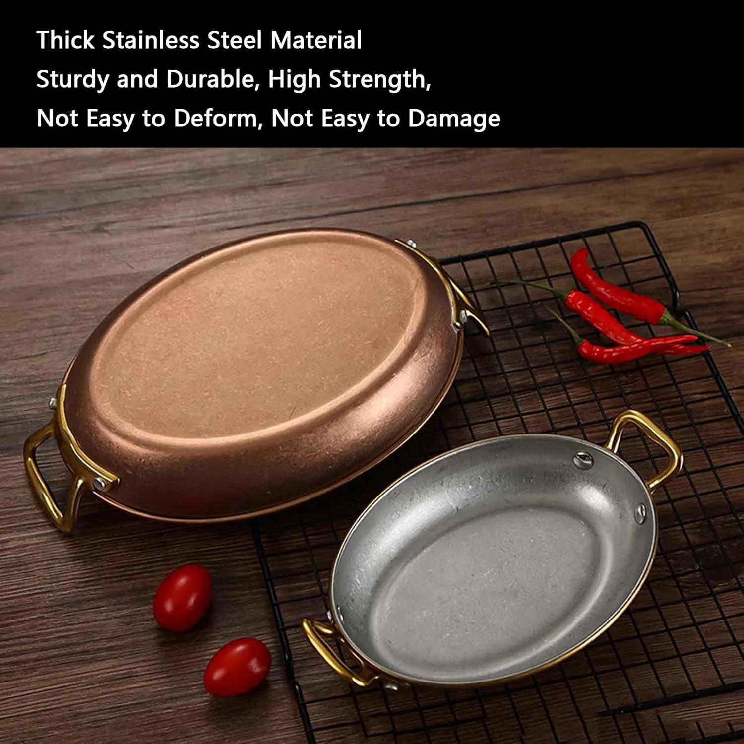 lip flavor vaguely Stainless Steel Spanish Paella Pan, Oval Non Stick Paella Pan Cookware with Dual Riveted Handles for Home Kitchen Restaurants,Retro Gold 304 