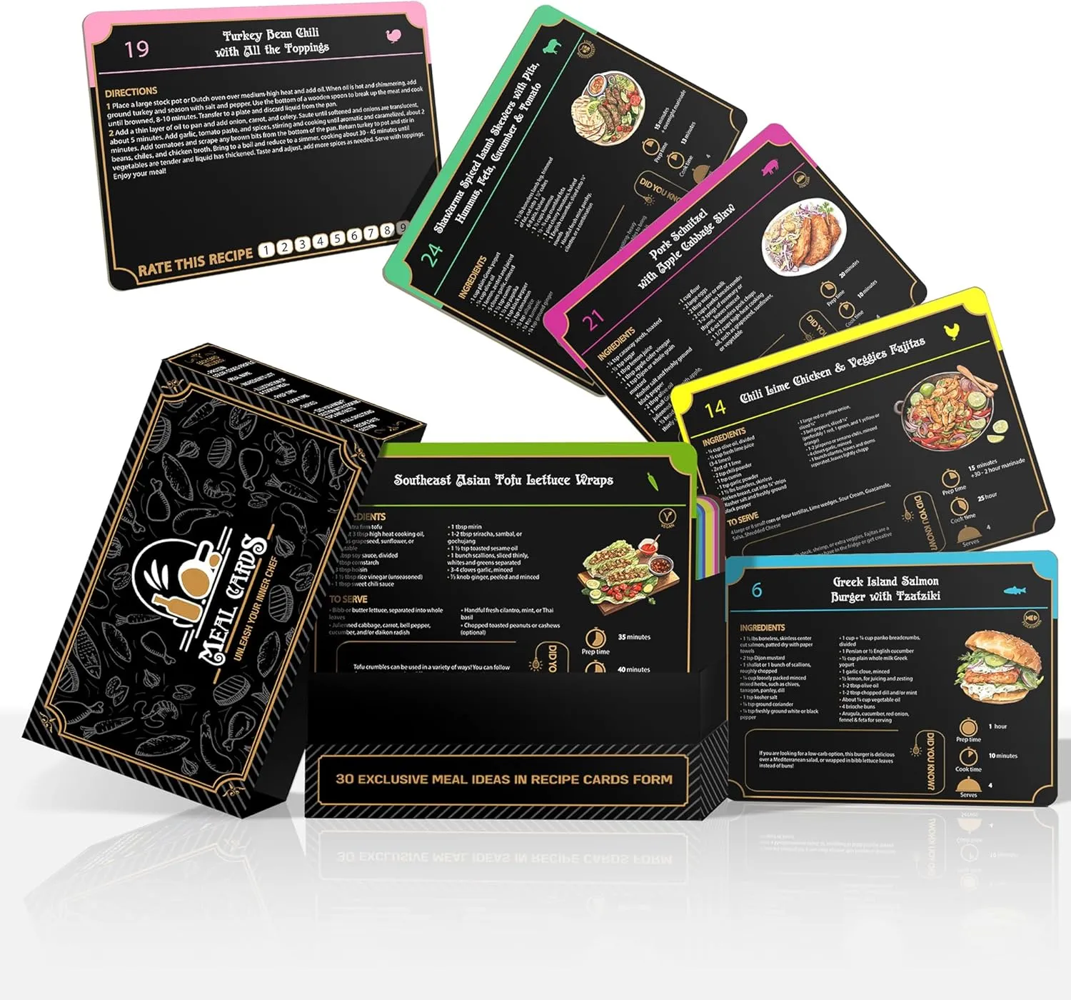 Meal Recipes - Your Cookbook and Meal Prep Guide$ Recipe Book in Flashcards Form$ Dinner Meal Planner Recipe Cards with Diet lamp Options and Pro Food Prep Tips in a Stylish Recipe Box 30 