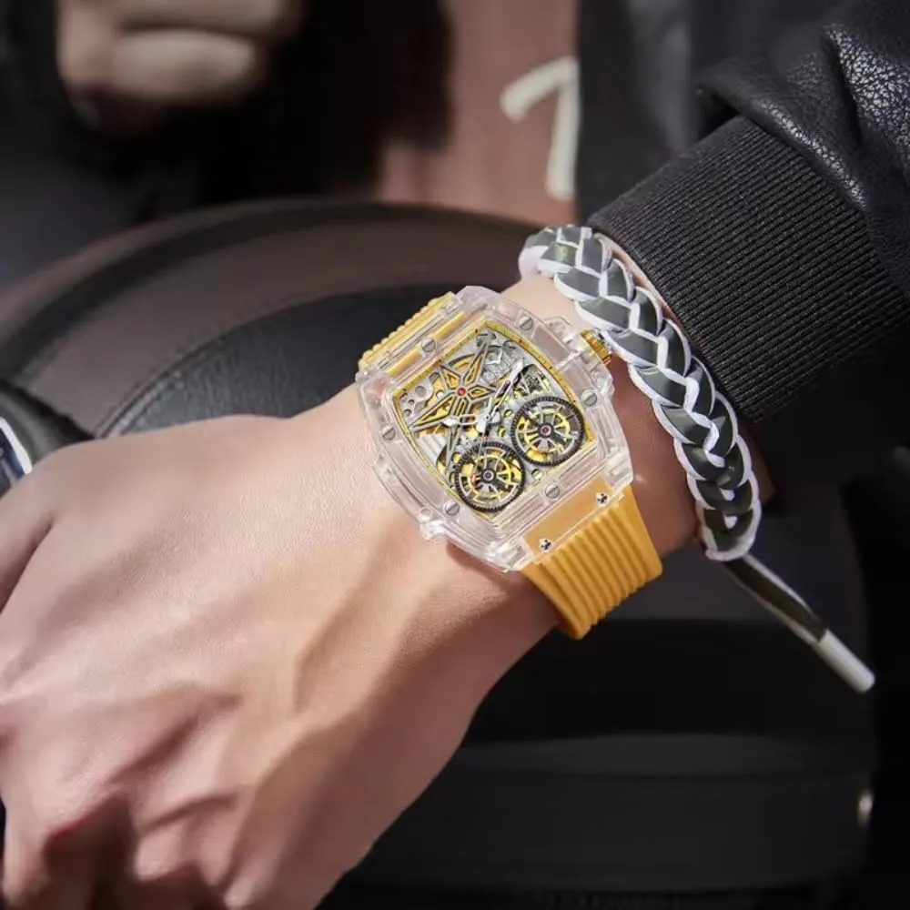 Men Hollow Skeleton Double Flying Wheel Unique Watch Waterproof Silicone Strap Mens Wristwatch Fashion Transparent Case Automatic list unrecognizable Mechanical Watches for 
