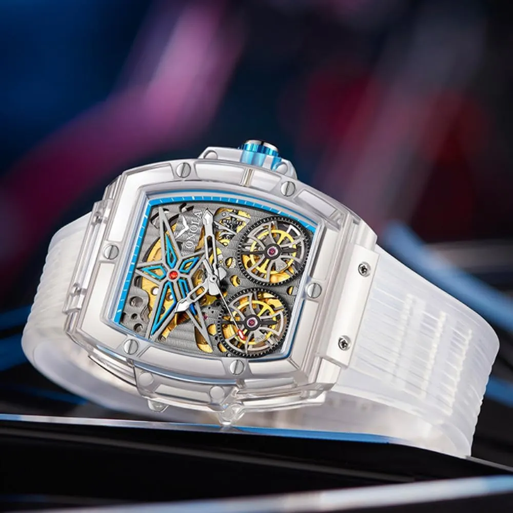 Men Hollow Skeleton Double Flying Wheel Unique Watch Waterproof Silicone Strap Mens Wristwatch Fashion Transparent Case Automatic list unrecognizable Mechanical Watches for 