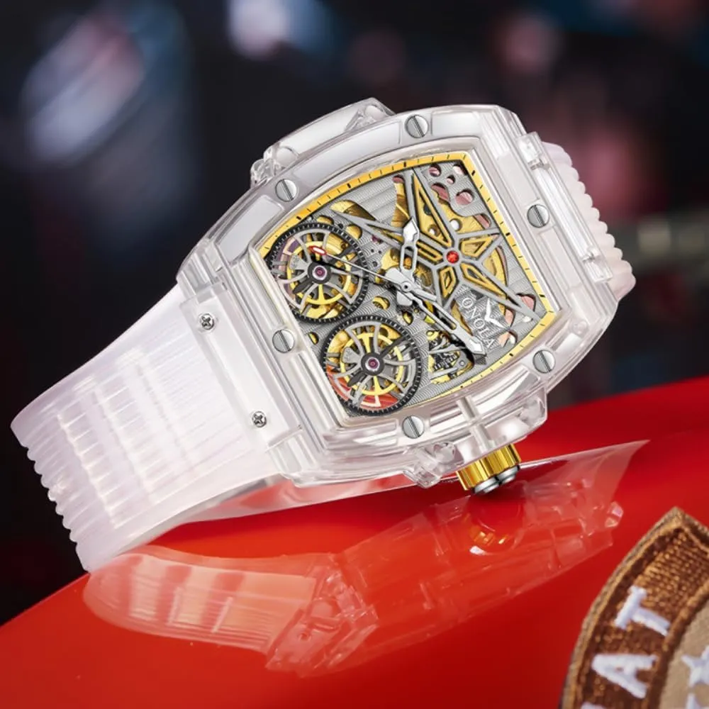 Men Hollow Skeleton Double Flying Wheel Unique Watch Waterproof Silicone Strap Mens Wristwatch Fashion Transparent Case Automatic list unrecognizable Mechanical Watches for 