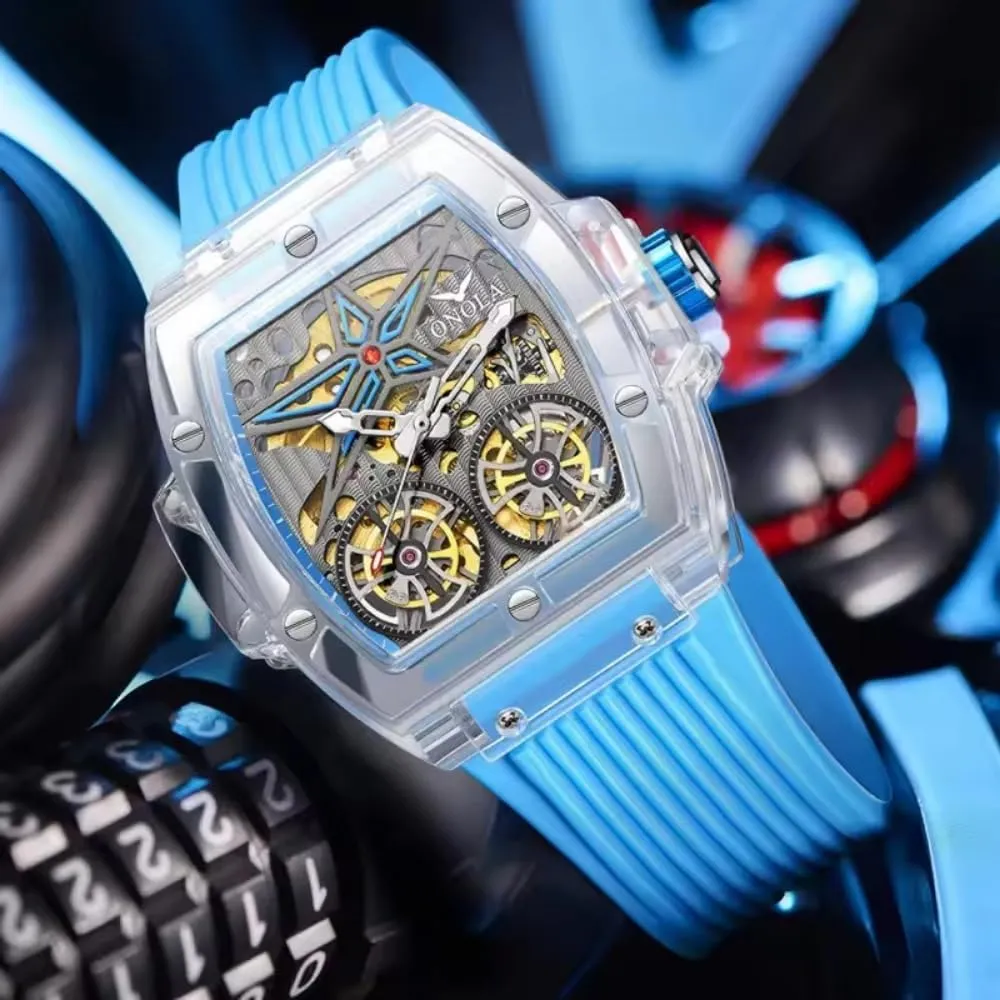 Men Hollow Skeleton Double Flying Wheel Unique Watch Waterproof Silicone Strap Mens Wristwatch Fashion Transparent Case Automatic list unrecognizable Mechanical Watches for 